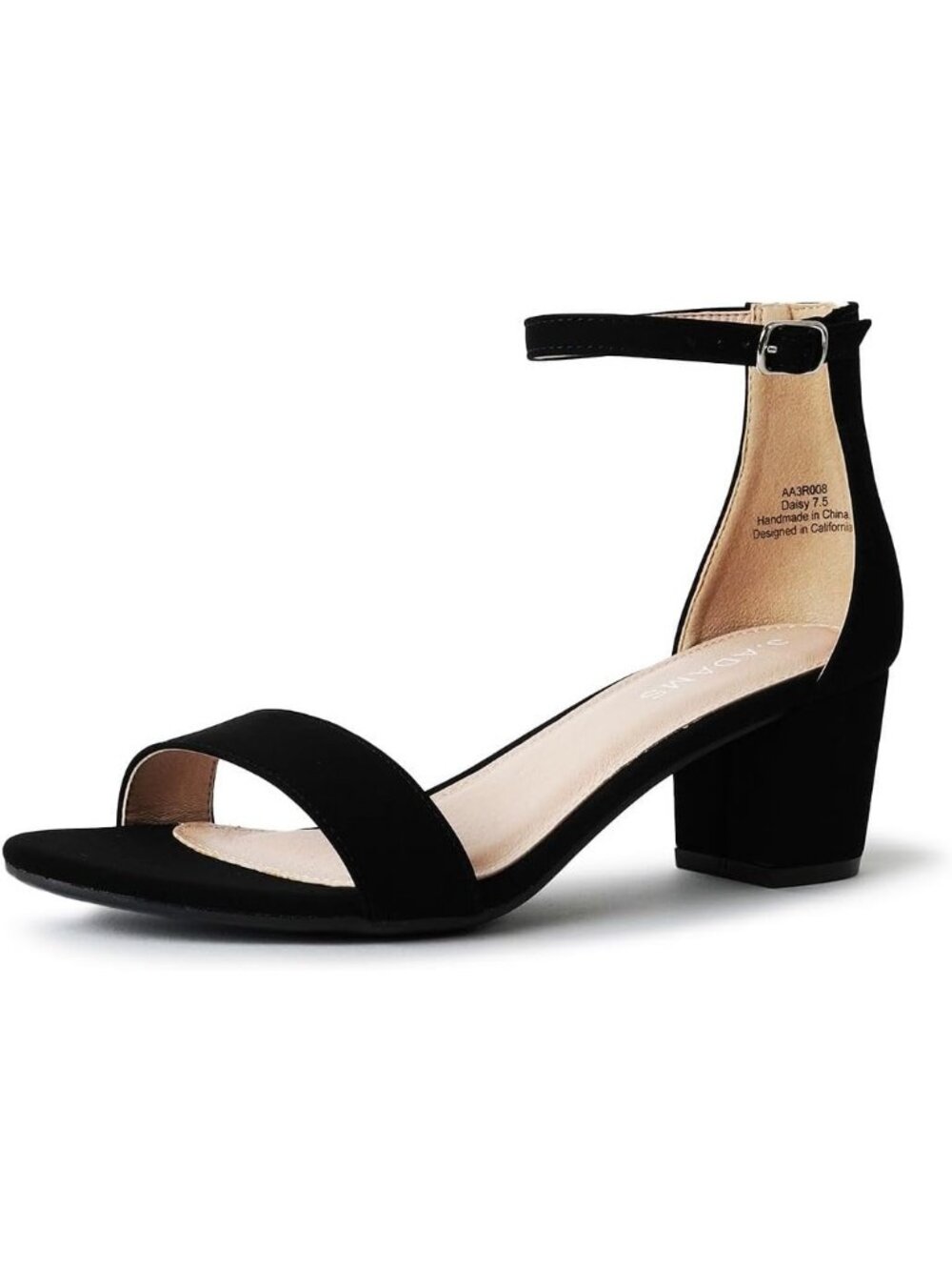 J Adams Women's Black Vegan Nubuck Daisy Block Heel Ankle Strap Open Toe Sandal